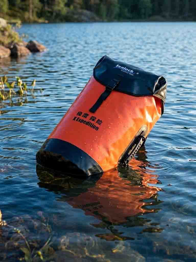 A sealed Sealock dry bag floating on water with its contents staying dry
