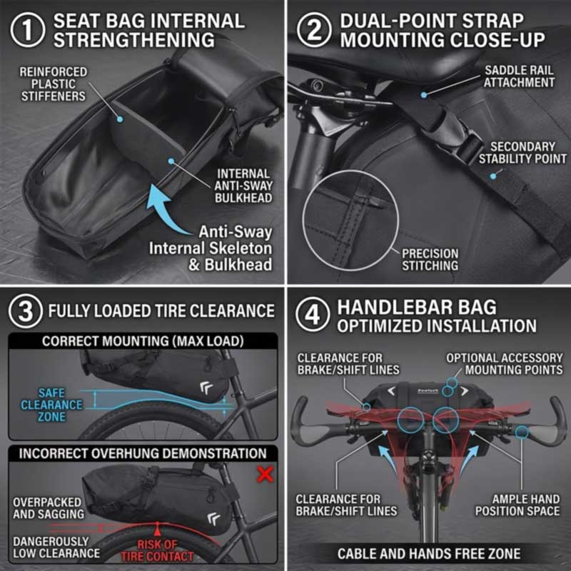 Seat pack internal stiffener, dual mounting at saddle rails and seatpost, tire clearance under load, and handlebar bag routed clear of cables