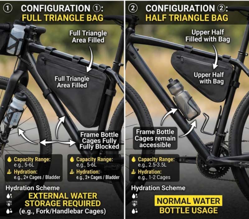 Full frame bag filling the triangle and blocking bottle mounts versus half frame bag leaving a seat tube bottle accessible, and a hydration port at the top front