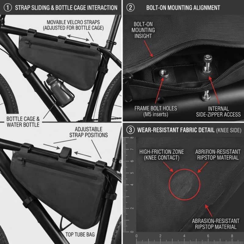 Repositionable straps sliding clear of bottle mounts, bolt-on mounting to frame bosses, and abrasion-resistant panels where the bag meets frame and knees