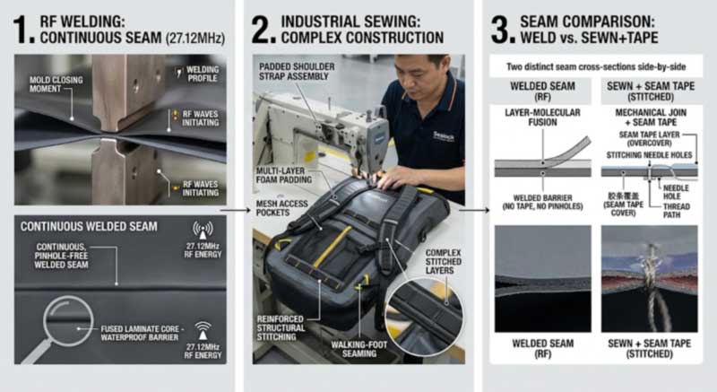 High-frequency welded seam with no needle holes versus a stitched and taped seam, and sewing operations building padded straps and pockets